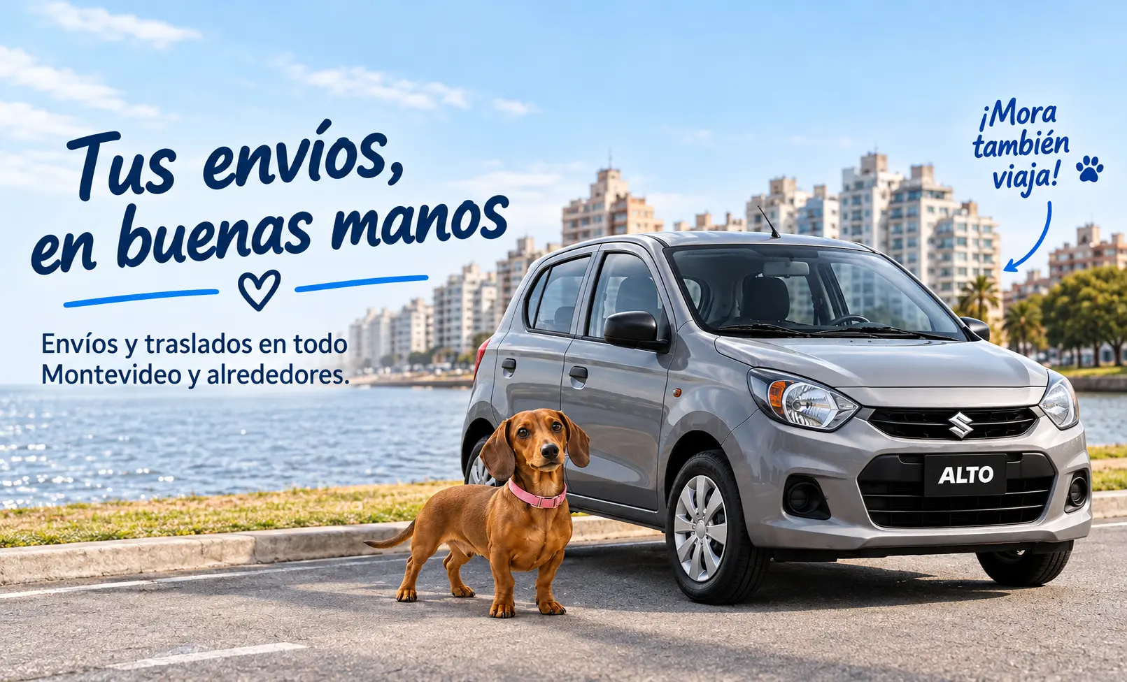Suzuki Alto gris de FyV Traslados y Mora, una perra salchicha marrón, en la Rambla de Montevideo